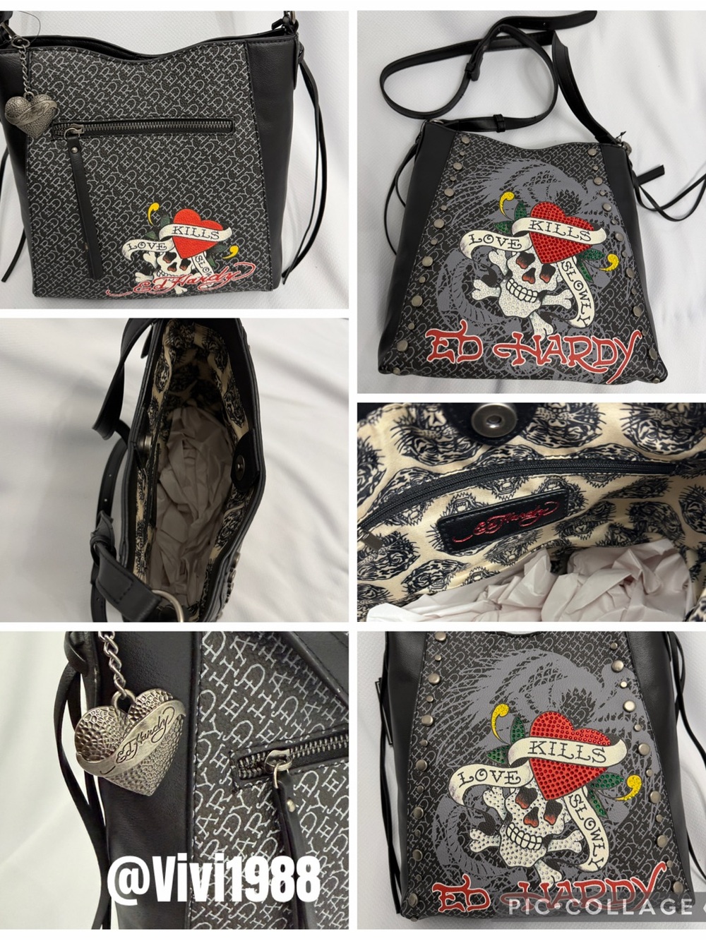 Ed Hardy Black Crossbody with Red & Yellow Skull Heart Graphic